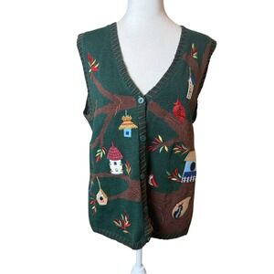 Vtg Capacity Green Sweater Vest Birds Birdhouses Trees Large Embroidered Nature